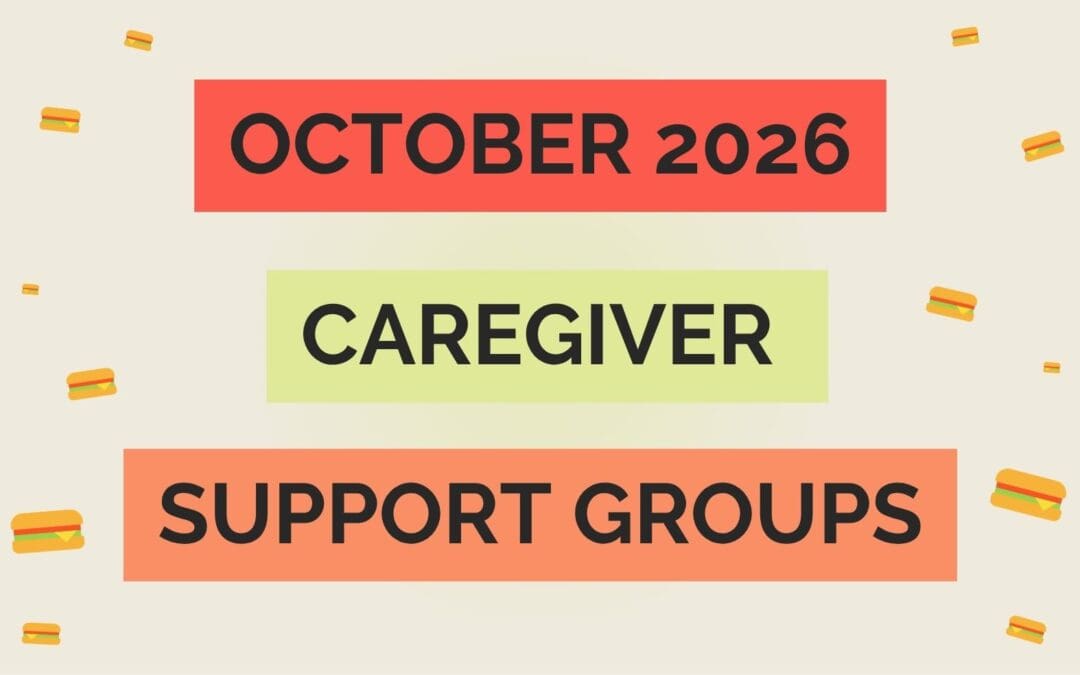 Tan banner with sandwich icons to the left and right of text OCTOBER 2026 CAREGIVER SUPPORT GROUPS