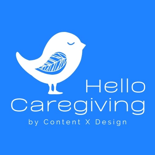 New-Hello-Caregiving-Squares Blue square with a white bird next to text Hello Caregiving by Content x Design