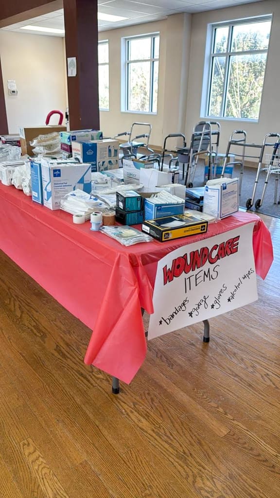 Wound care items laid out on a table at the swap