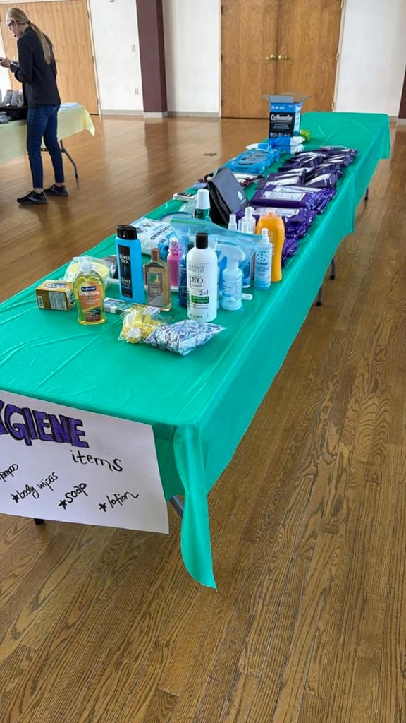 Hygiene items laid out on a table at the swap
